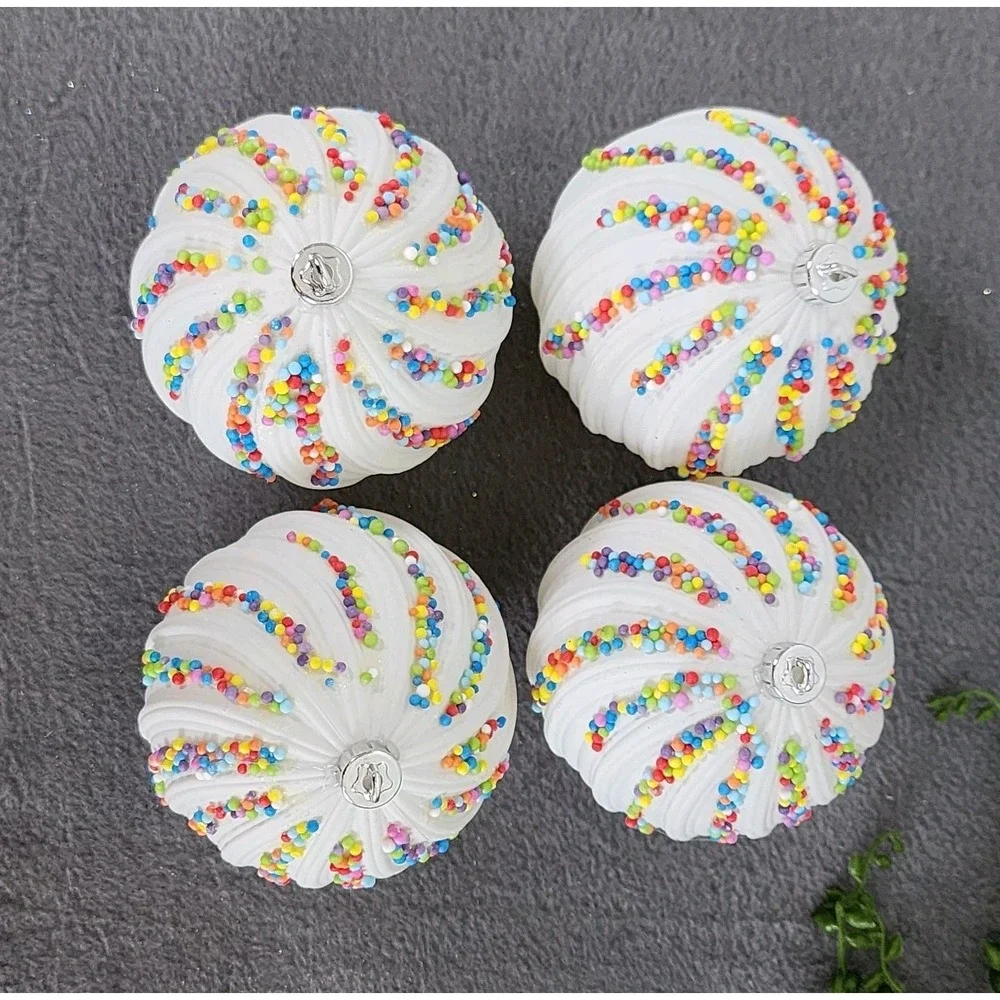 4 White Swirl Beaded Christmas‎ Round Ball Ornaments Colorful Plastic 4